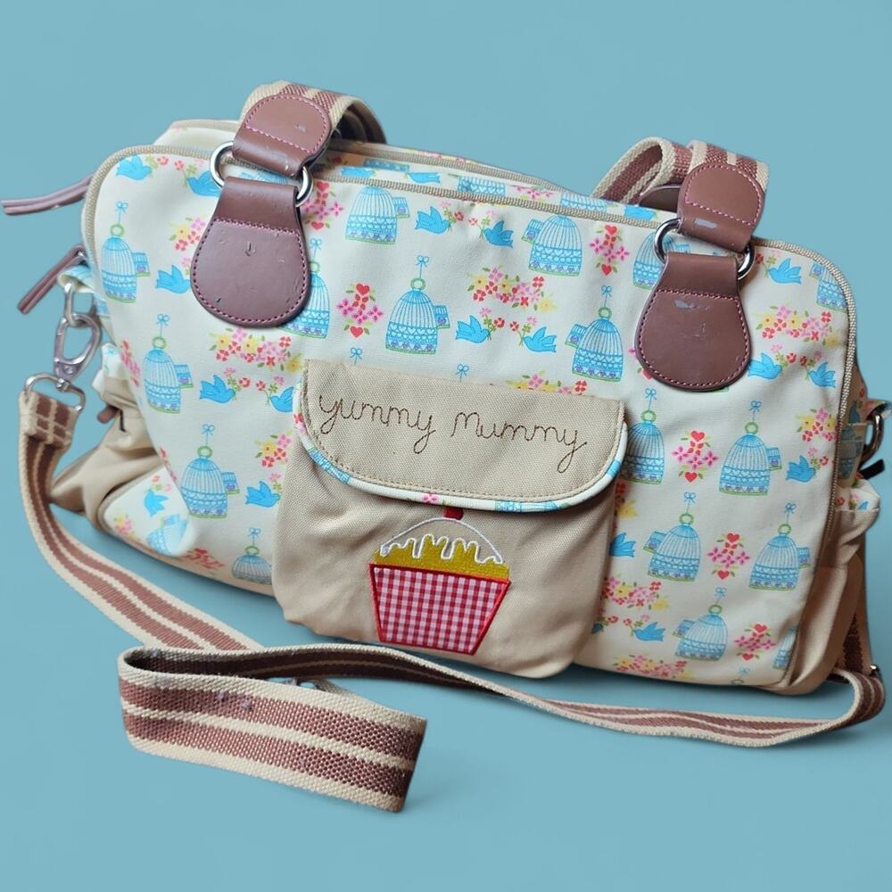 PINK LINING | Yummy Mummy Cream and Brown‎ Floral Blue Birds Baby Diaper Bag